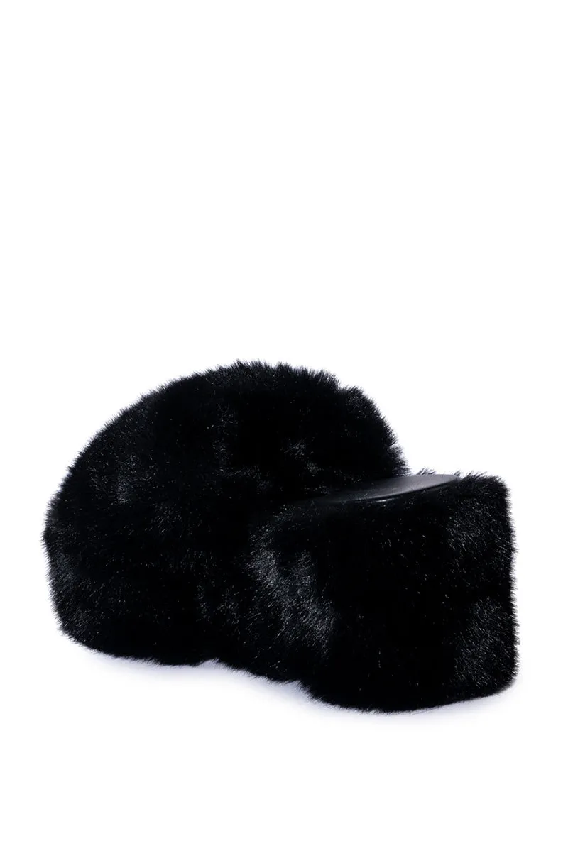 AZALEA WANG MINNA FUR FLATFORM SANDAL IN BLACK