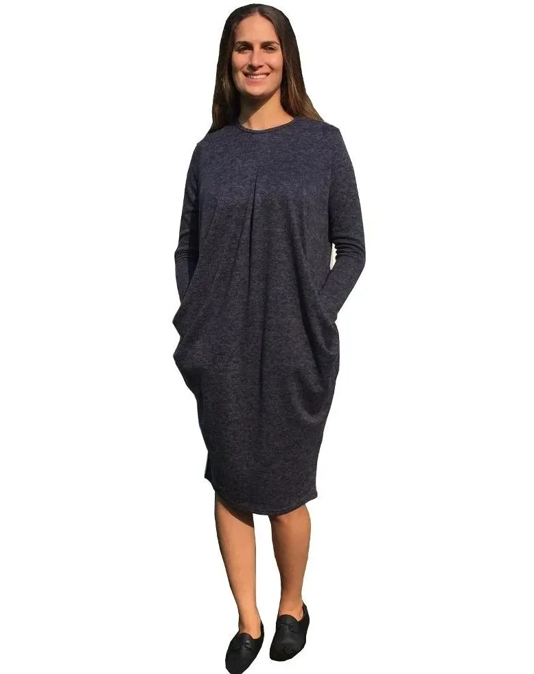 Baby'O Women's Brushed Sweater Knit Pleated Front Slouch Pocket Midi Dress