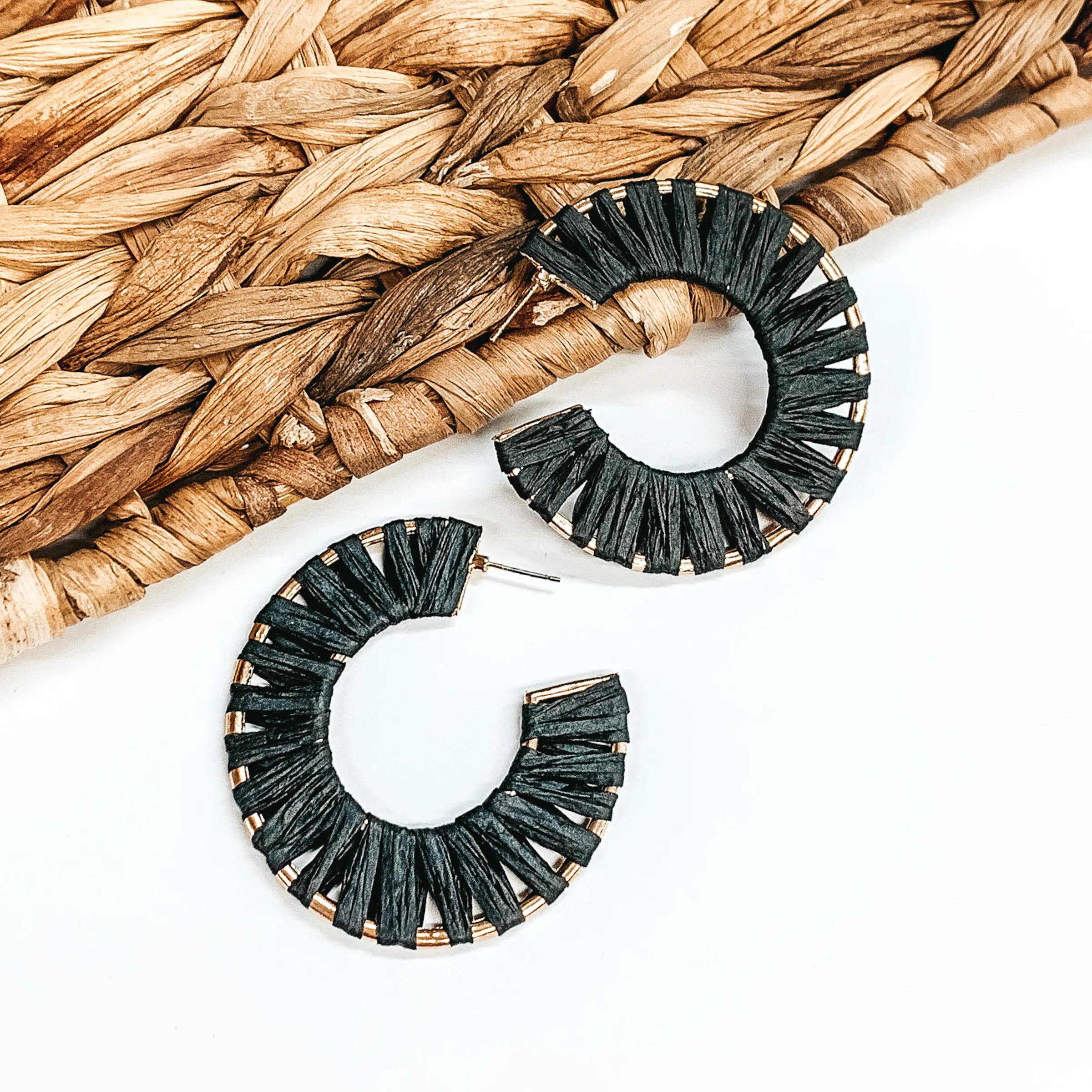 Cabana Bound Raffia Wrapped Gold Hoop Earrings in Black