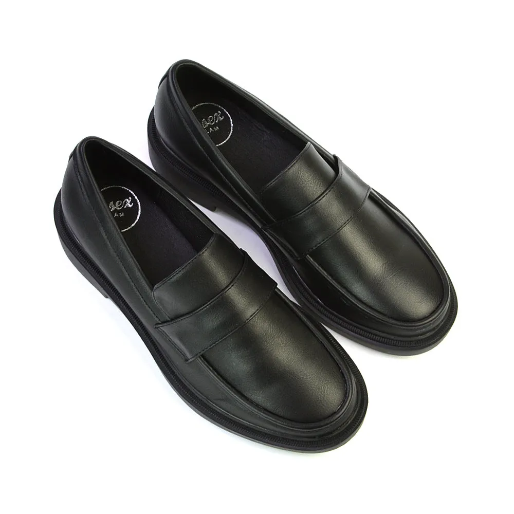 Hanah Chunky Loafers Flat Back To School Shoes In Black Synthetic Leather