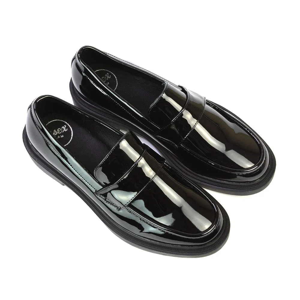 Hanah Chunky Loafers Flat Back To School Shoes In Black Synthetic Leather