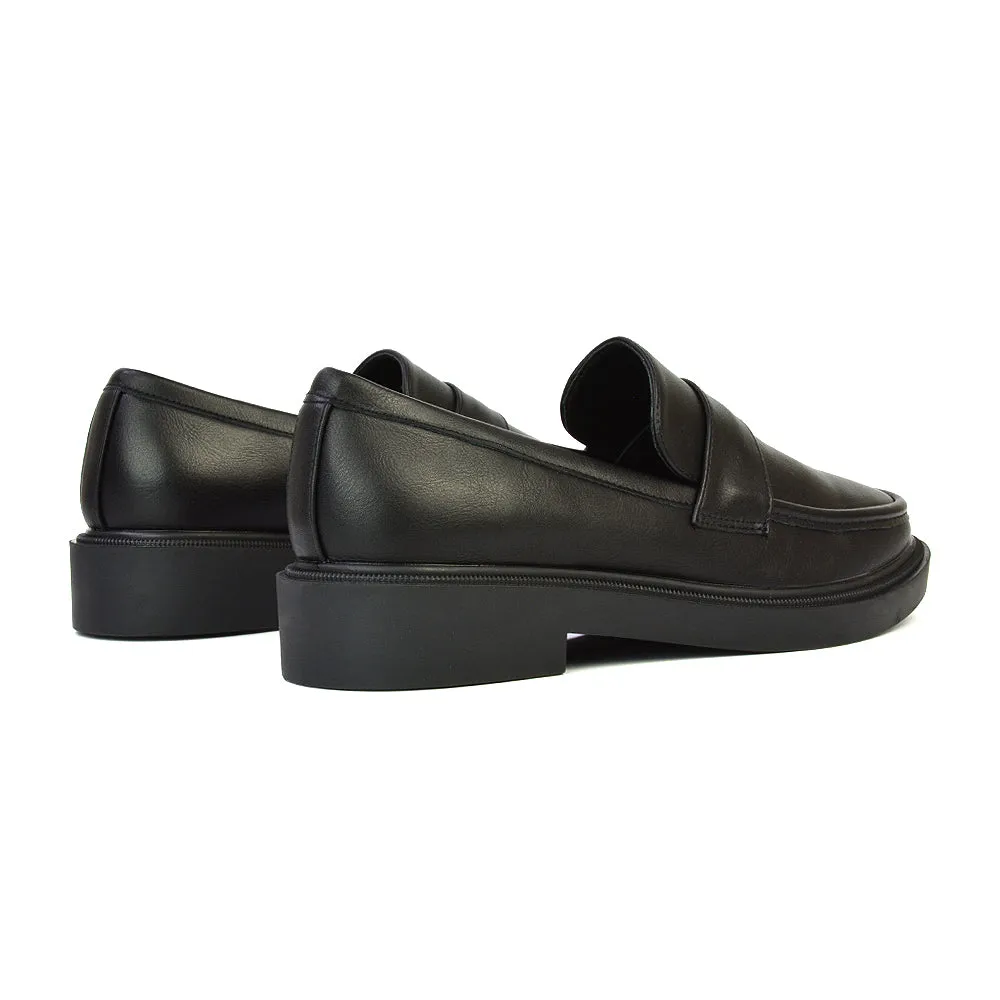 Hanah Chunky Loafers Flat Back To School Shoes In Black Synthetic Leather