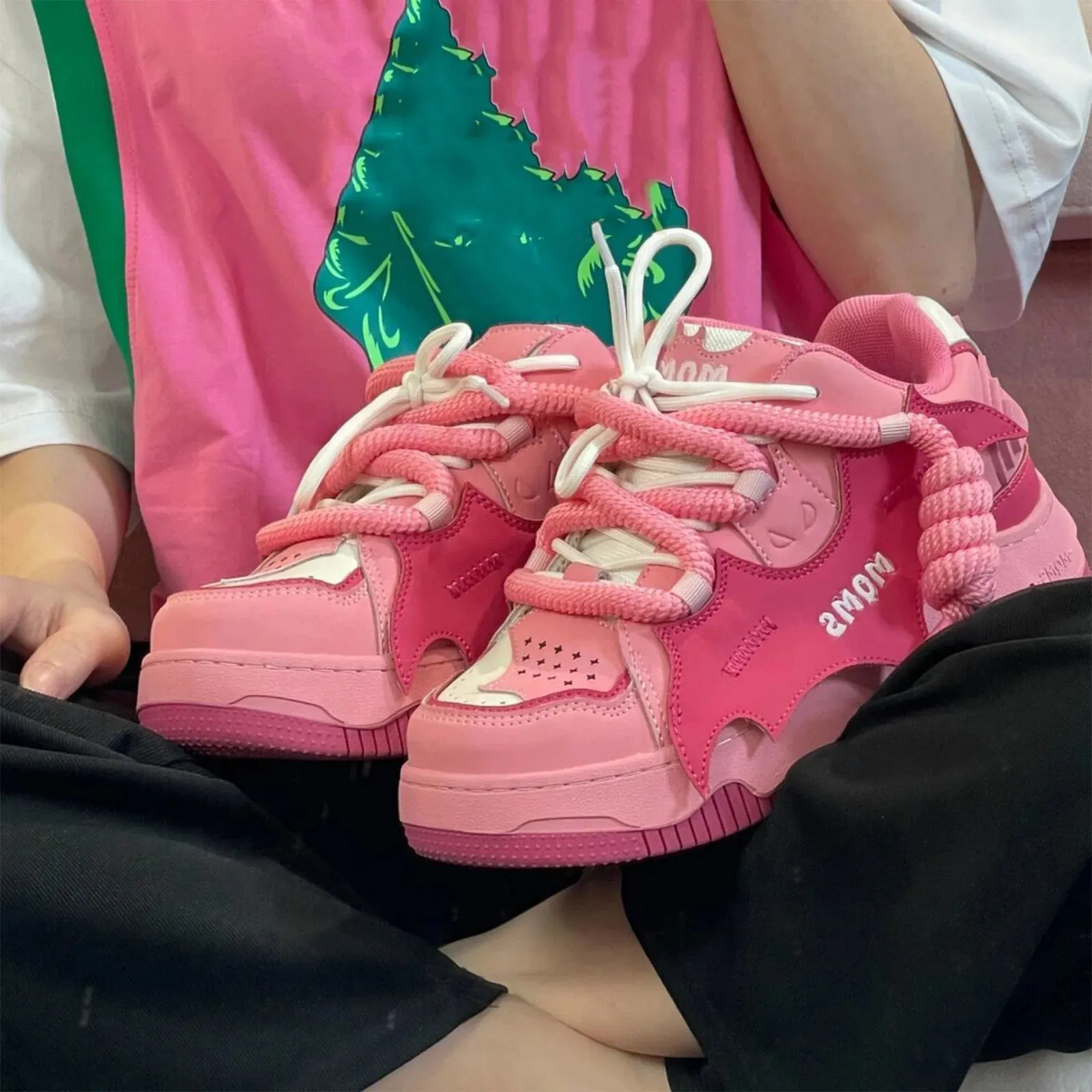 Hnzxzm Women's Pink Chunky Running Shoes Y2k Korean Fashion Kawaii Platform Sports Sneaker Athletic Flat Board Shoe Tennis Shoes Women