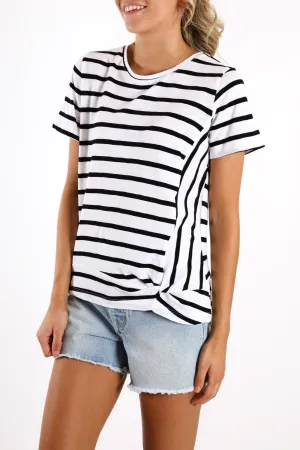 Knot Front Crop Tee Black White Stripe