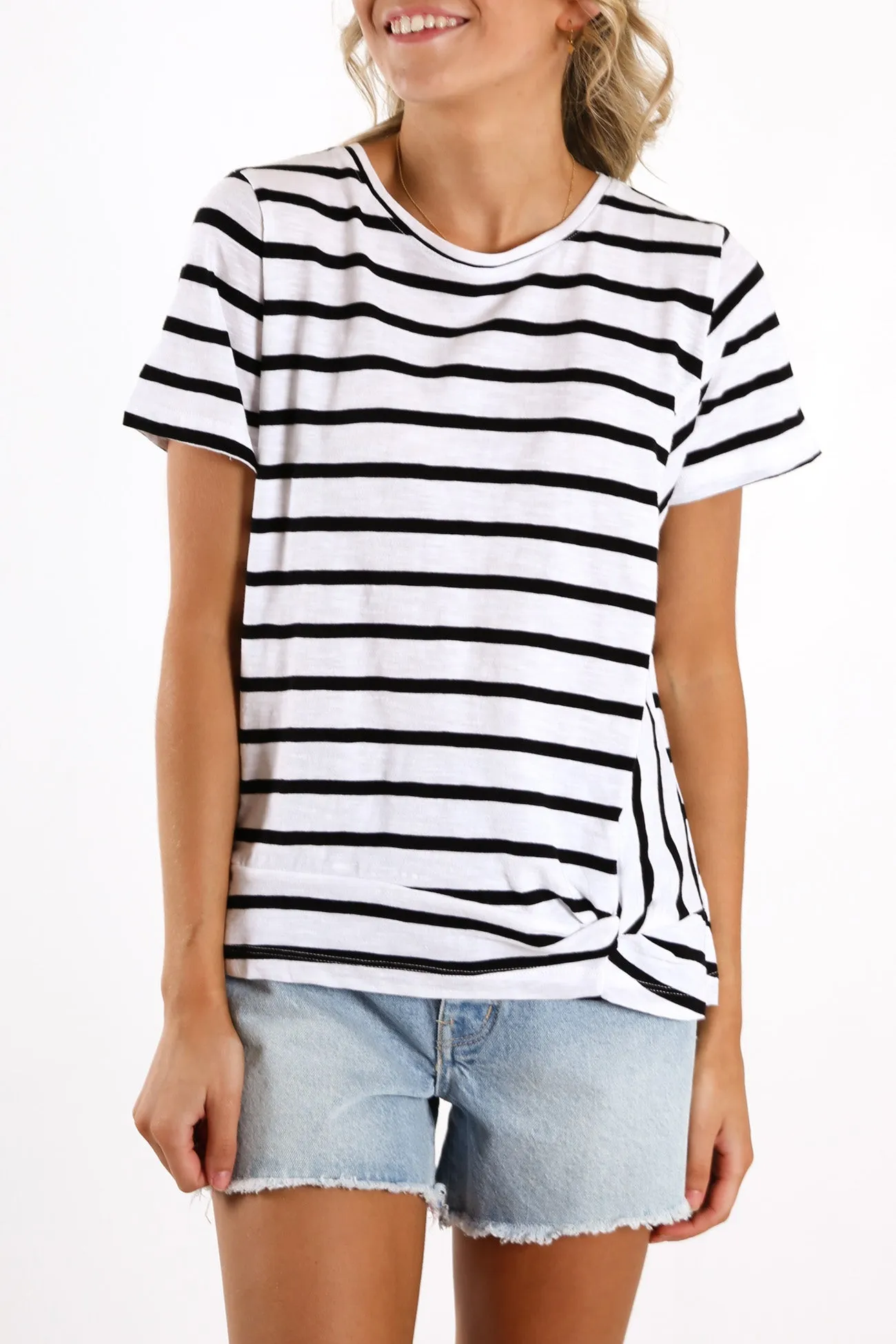Knot Front Crop Tee Black White Stripe