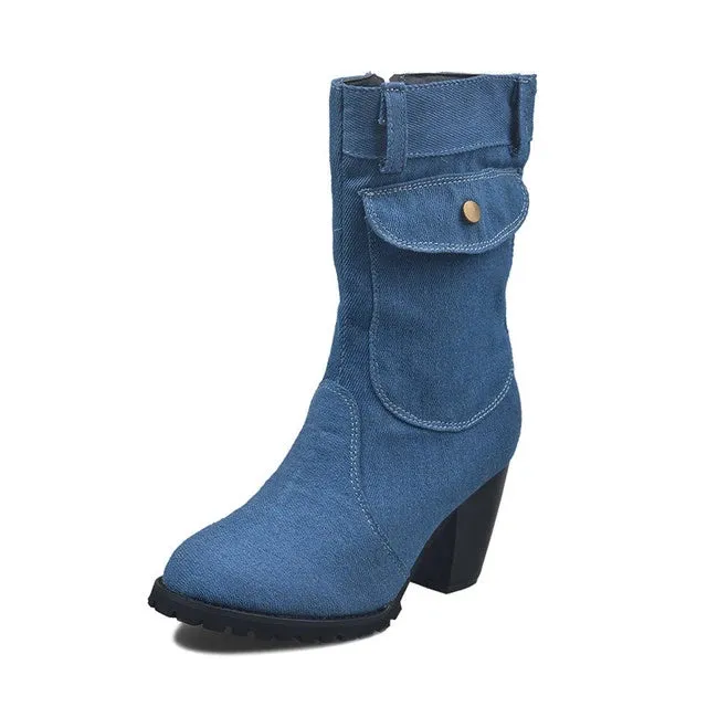 Merendy Marwa zipper Chunky High Heels Plus size blue jeans ankle Boots