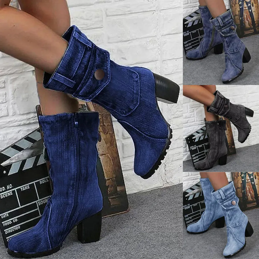 Merendy Marwa zipper Chunky High Heels Plus size blue jeans ankle Boots