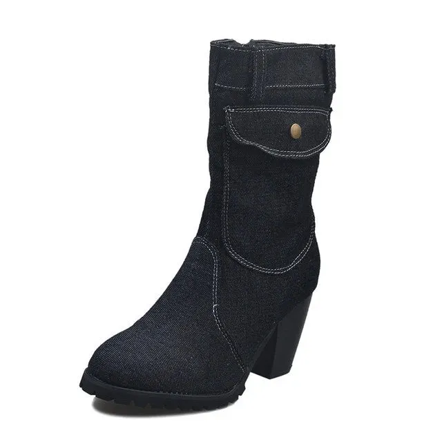 Merendy Marwa zipper Chunky High Heels Plus size blue jeans ankle Boots