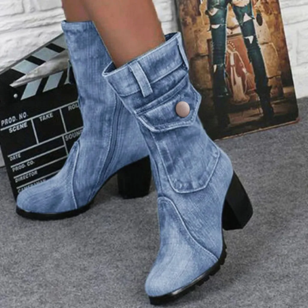 Merendy Marwa zipper Chunky High Heels Plus size blue jeans ankle Boots