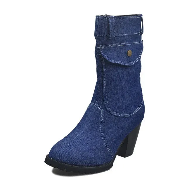 Merendy Marwa zipper Chunky High Heels Plus size blue jeans ankle Boots