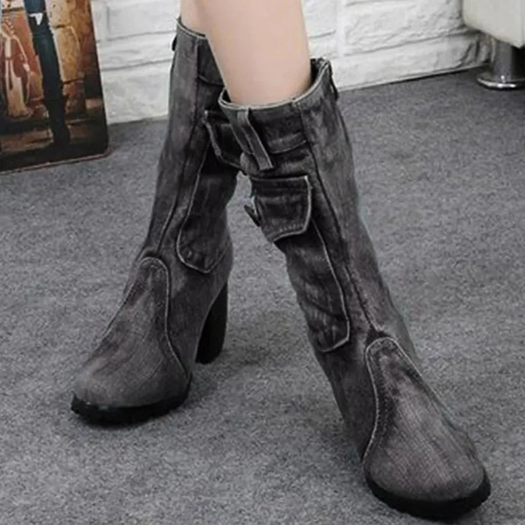 Merendy Marwa zipper Chunky High Heels Plus size blue jeans ankle Boots