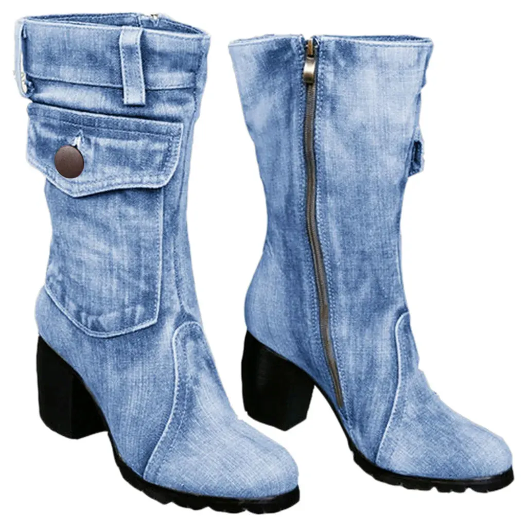 Merendy Marwa zipper Chunky High Heels Plus size blue jeans ankle Boots