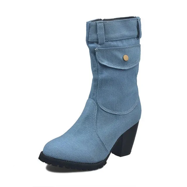 Merendy Marwa zipper Chunky High Heels Plus size blue jeans ankle Boots