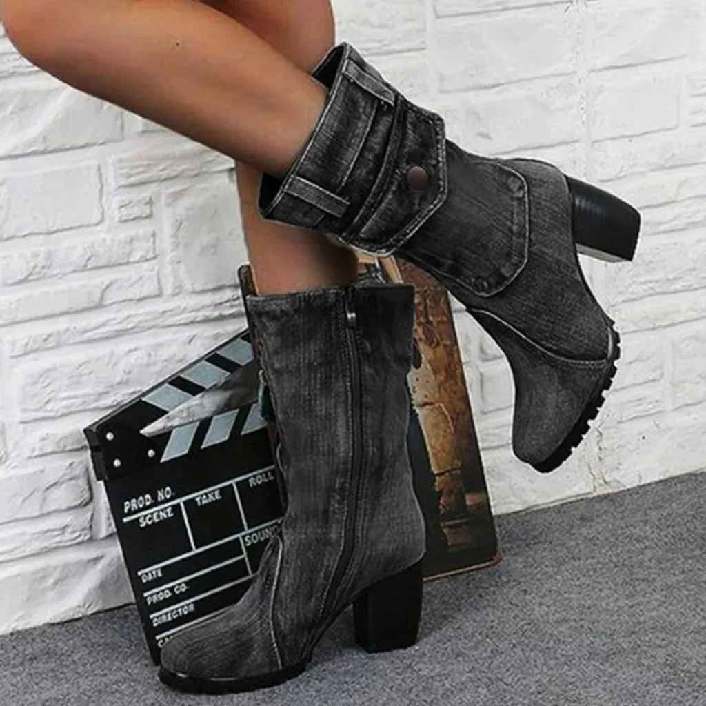 Merendy Marwa zipper Chunky High Heels Plus size blue jeans ankle Boots
