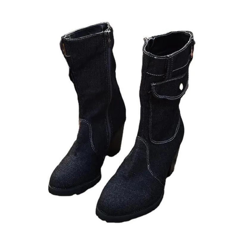 Women's mid calf denim boots high heeled zipper boots